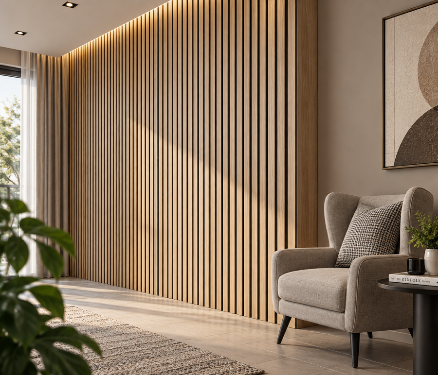 White oak 30 × 240 × 1.2cm seamless PVC wall panel with soft natural wood grain and a clean modern finish